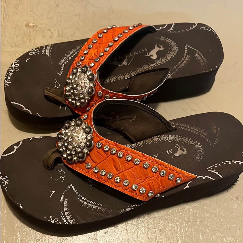 Montana West Orange and Black Sandals with Embellished Straps